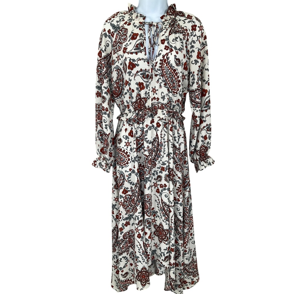 Banana Republic Womens Red Paisley Floral Ruffle Tie‎ Neck Midi Dress Size 6